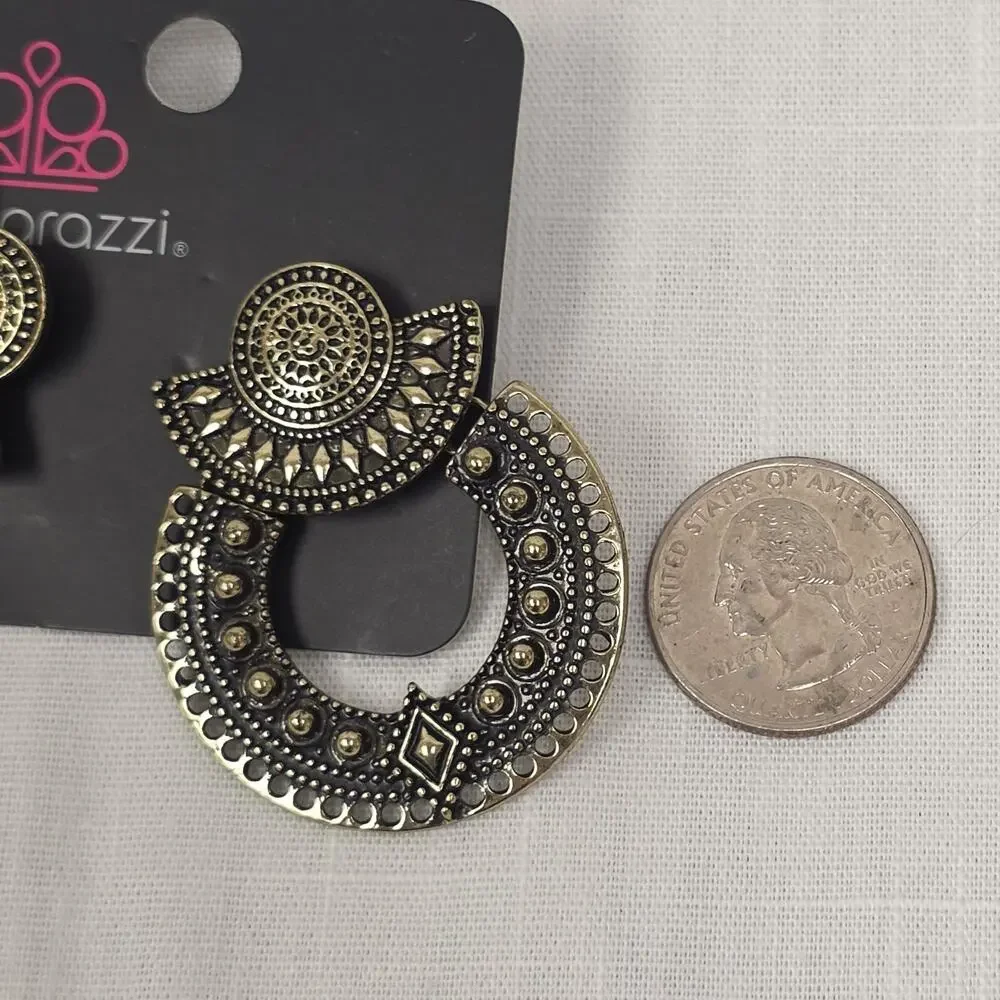 Paparazzi Antique Gold Tone Tribal Boho Hoop Dangle Earrings Geometric Statement